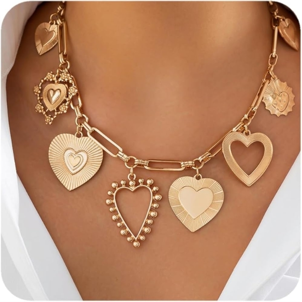 Chunky Gold Necklace With Heart Charms